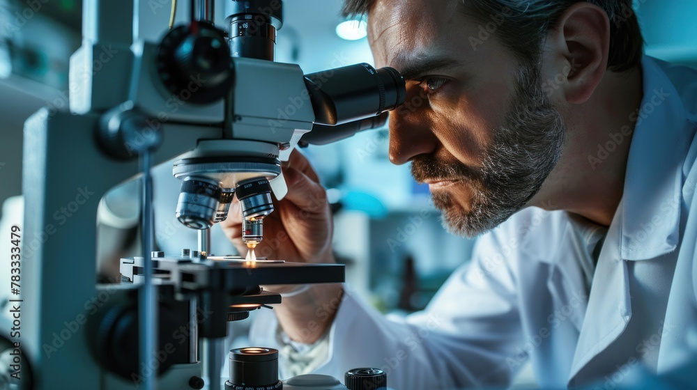 A male scientist in a lab coat looking through a microscope. A male scientist in a lab coat looking through a microscope.