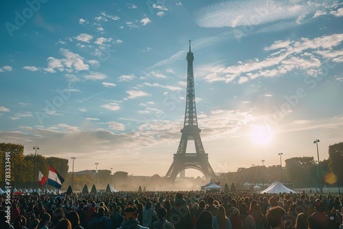 Large crowd gathered at sunset with French flags by the Eiffel Tower during a public event