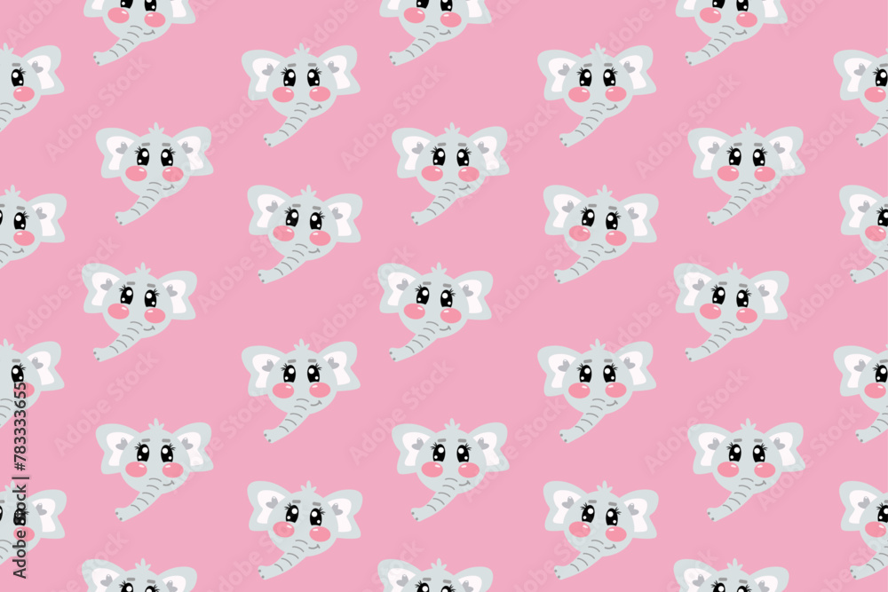 Fototapeta premium Seamless pattern with vector kawaii little cute elephant face or head for kids, baby, children nursery, fabrics on pink background