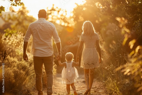 A family, silhouetted against the setting sun, walks down a winding path, enveloped in warm hues of orange and pink.