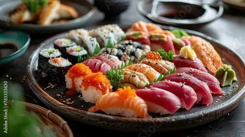 A plate of assorted sushi rolls and sashimi is placed on a wooden table.