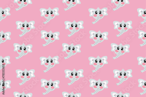 Fototapeta Naklejka Na Ścianę i Meble -  Seamless pattern with vector kawaii little cute elephant face or head for kids, baby, children nursery, fabrics on pink background