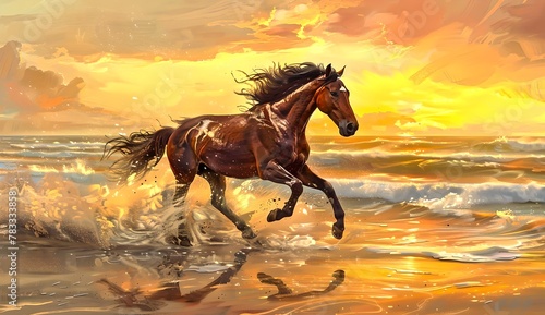 Majestic Horse Galloping on the Beach at Sunset. Capturing the Essence of Freedom and Power in Nature's Beauty. Perfect for Wall Art and Animal Lovers. AI photo