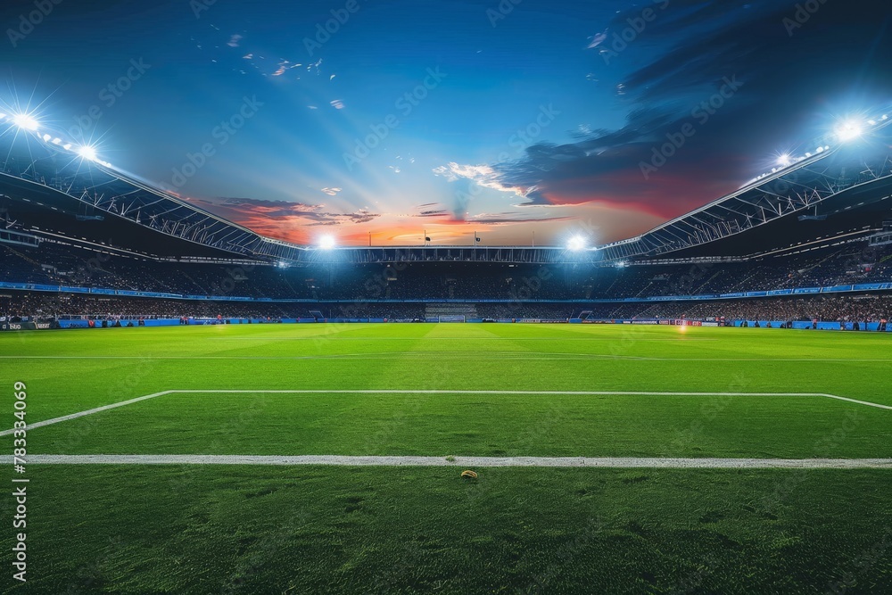 A soccer field under a bright sky, with lush green grass and goalposts in the foreground. A soccer field under a bright sky, with lush green grass and goalposts in the foreground.
