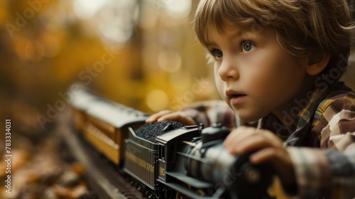 A young boy plays with a toy train on a track.