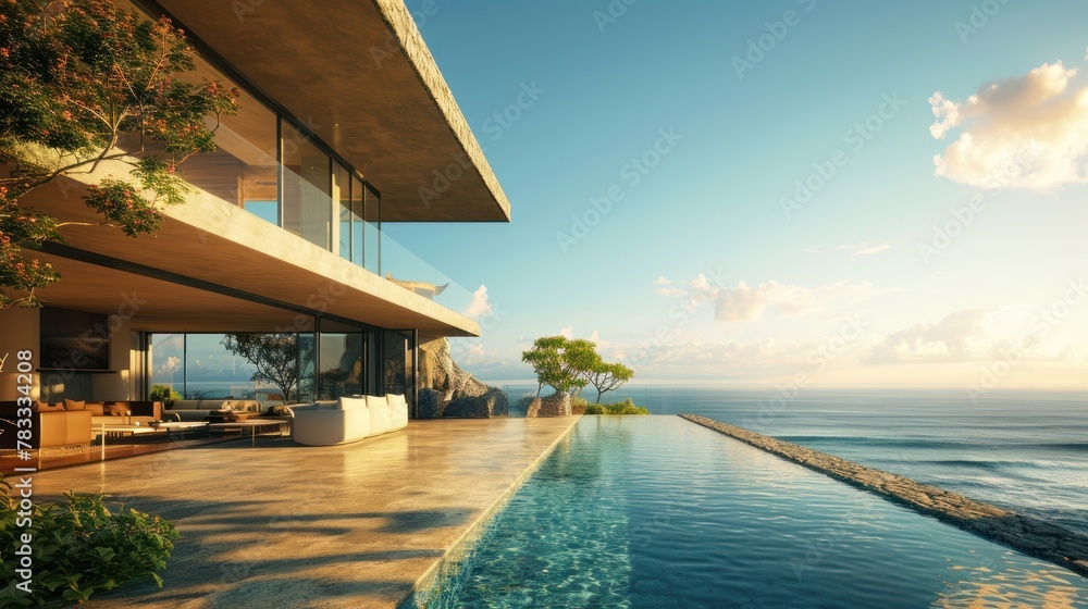 A modern house with a pool and a stunning view of the ocean during sunset.