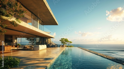 A modern house with a pool and a stunning view of the ocean during sunset. © ProPhotos