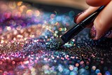A brush applies a rainbow of glitter, creating a dazzling effect against a dark backdrop.