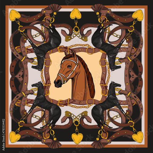 Design scarf with horse head and belts. Vector.