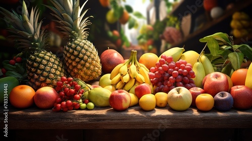 A table topped with a variety of fresh fruit including bananas  apples  and pineapples.