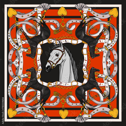Design scarf with horse head and belts. Vector.
