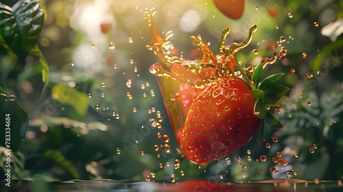 Strawberry with juice colliding and exploding, crashing flying