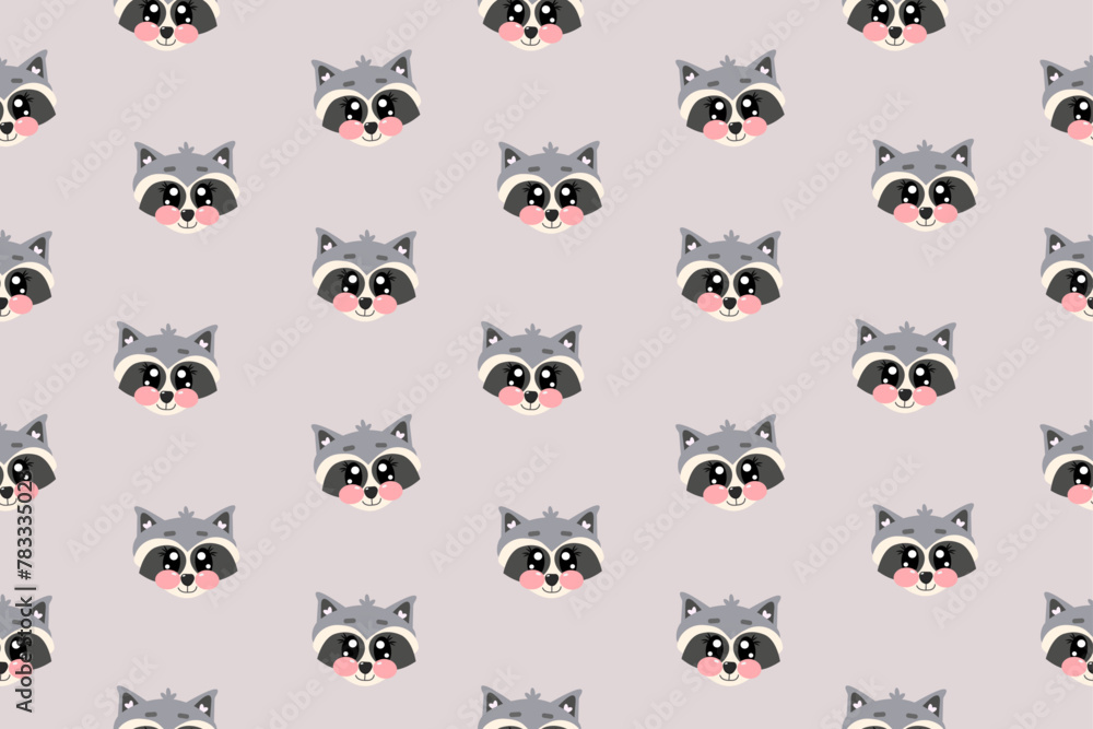 Seamless pattern with cute kawaii drawing raccoon face for nursery, print or textile for kids. Cute kawaii raccoon illustration, wallpapers