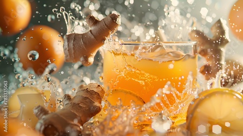 Ginger and lime juice , colliding and exploding, crashing flying photo