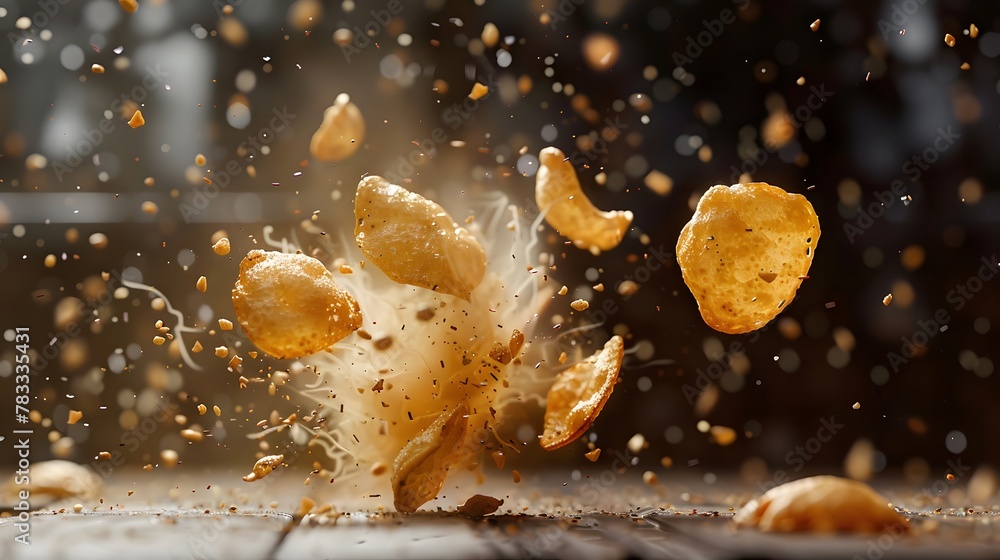 Potato kettle chip, colliding and exploding, crashing flying Potato kettle chip, colliding and exploding, crashing flying