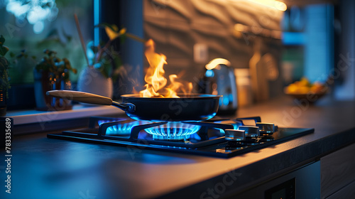 Flambé Cooking in Modern Kitchen, Intense Flame on Gas Stove photo