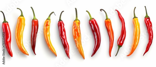  A line of red and yellow peppers on white background Red and yellow peas in middle positions