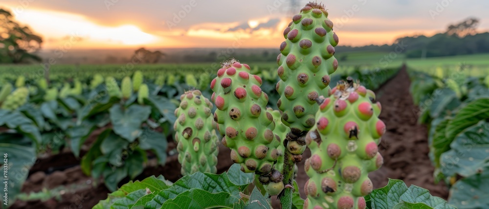 A tight shot of various plants in a field against a backdrop of a sunset A tight shot of various plants in a field against a backdrop of a sunset