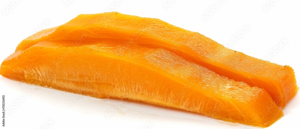 A tight shot of a fruit piece on a pristine white background, adorned with water droplets atop A tight shot of a fruit piece on a pristine white background, adorned with water droplets atop