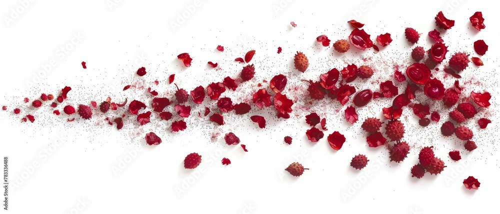 A tight shot of red petals against a white backdrop, displaying a dusting of powder in their midst A tight shot of red petals against a white backdrop, displaying a dusting of powder in their midst