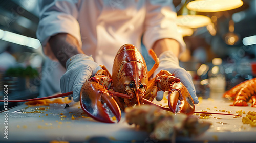 Chef's Precision in Preparing Fresh Lobster, Gourmet Seafood Cuisine Craft