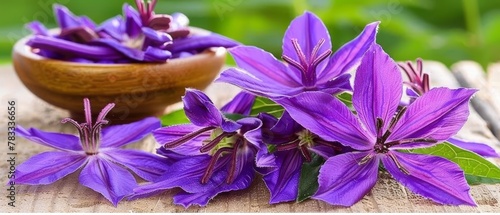   A wooden table holds two bowls filled with purple flowers One rests atop the other photo