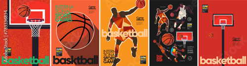 Basketball. International sports games. Vector illustration of basketball player, athlete, jump,  goal, ball, basketball hoop for poster, cover or background