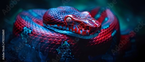   A tight shot of a red-and-blue snake's head, mouth agape and tongue extended