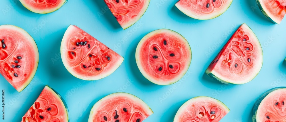 A stack of watermelon slices on a blue countertop A stack of watermelon slices on a blue countertop