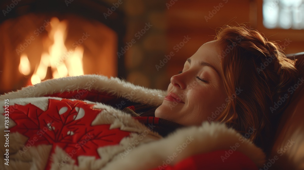   A woman reclines before a fireplace, eyes shut, head cushioned on a blanket - obrazy, fototapety, plakaty 