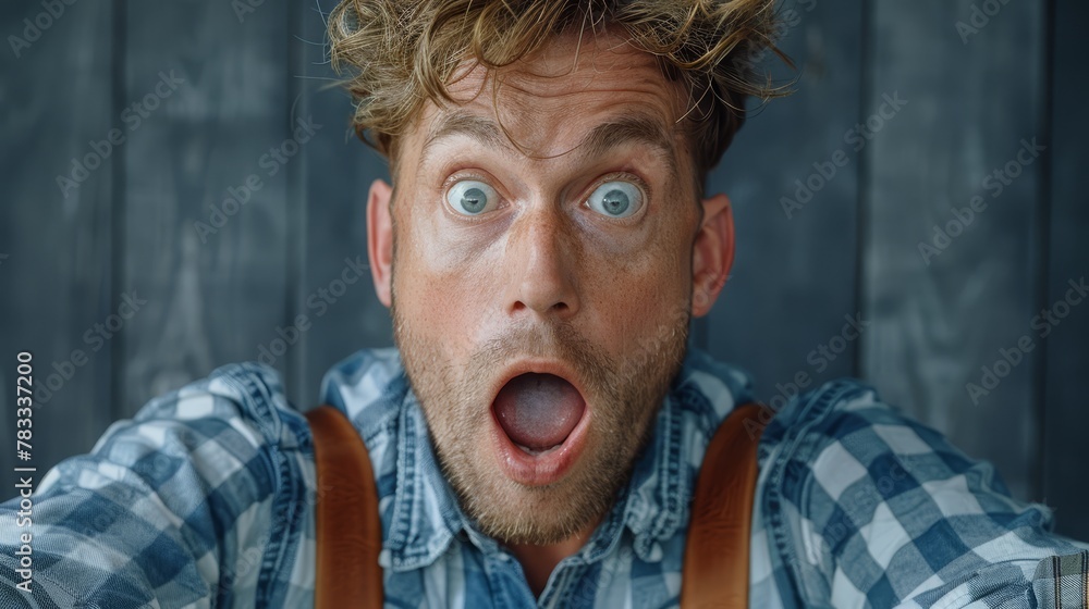 A close-up of a surprised person wearing suspenders, with one visible around his neck A close-up of a surprised person wearing suspenders, with one visible around his neck