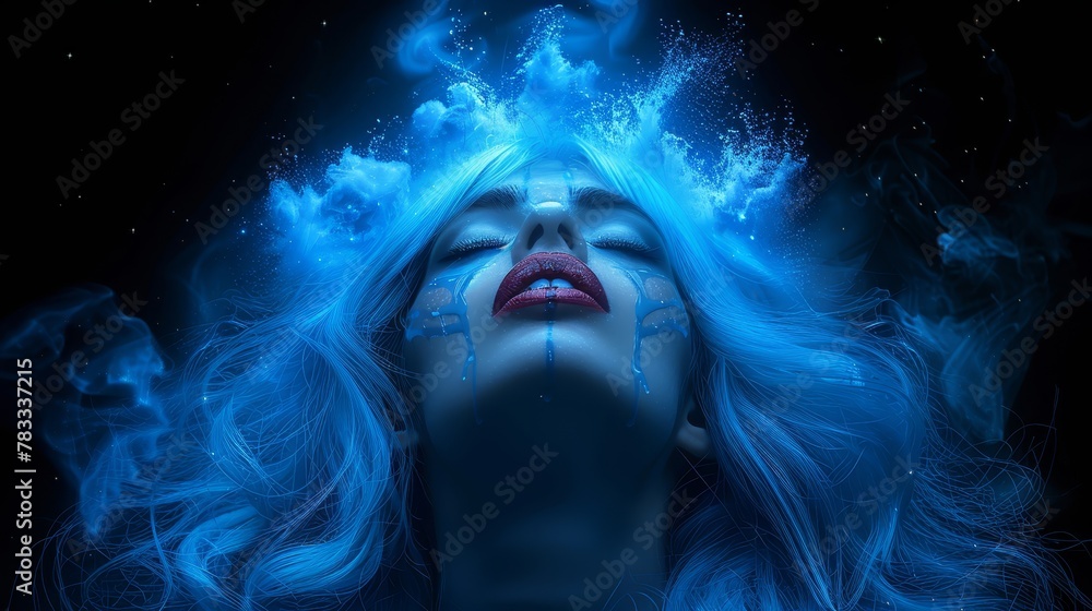 A woman with closed eyes and blue-hued face, blue hair billows in the wind A woman with closed eyes and blue-hued face, blue hair billows in the wind