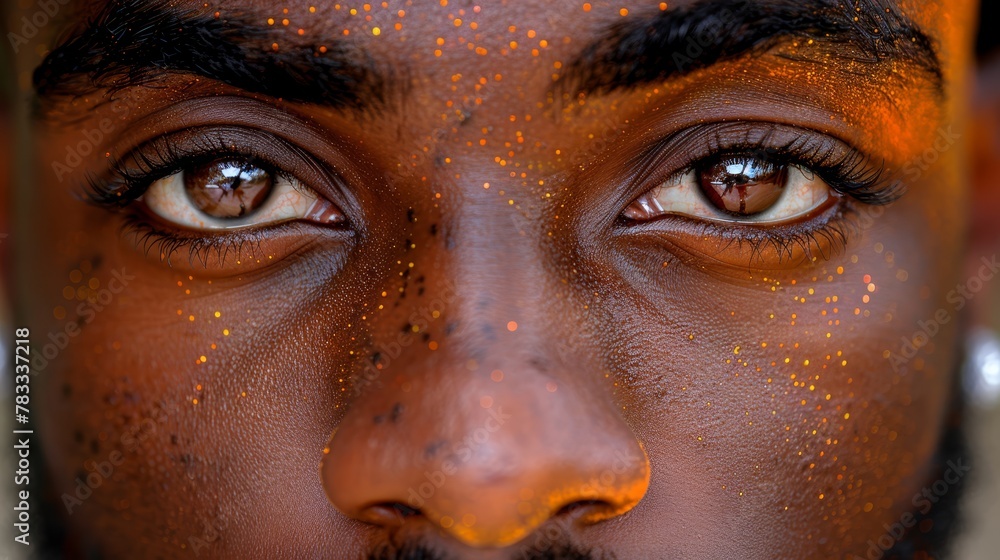   A man's face, tightly framed, is smeared with orange paint from eyebrows to chin A distinct mustache remains unaltered amidst the vibrant hue