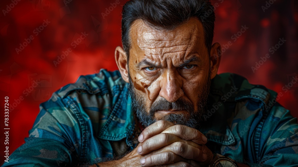 A man in close-up, hand resting on chin, gazes intently at the camera with a grave expression A man in close-up, hand resting on chin, gazes intently at the camera with a grave expression