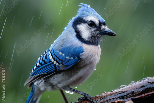 Blue jay bird sitting on a branch in nature with its beak open