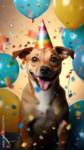 Cute dog wearing a party hat surrounded by balloons and confetti