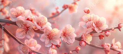 Tree branch with delicate pink flowers in close-up view  showcasing the natural beauty of blooming spring foliage