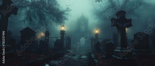 Ethereal Melody: Ghostly Silhouettes in a Misty Cemetery. Concept Misty Cemetery, Ghostly Silhouettes, Ethereal Melody, Haunting Beauty, Spooky Atmosphere