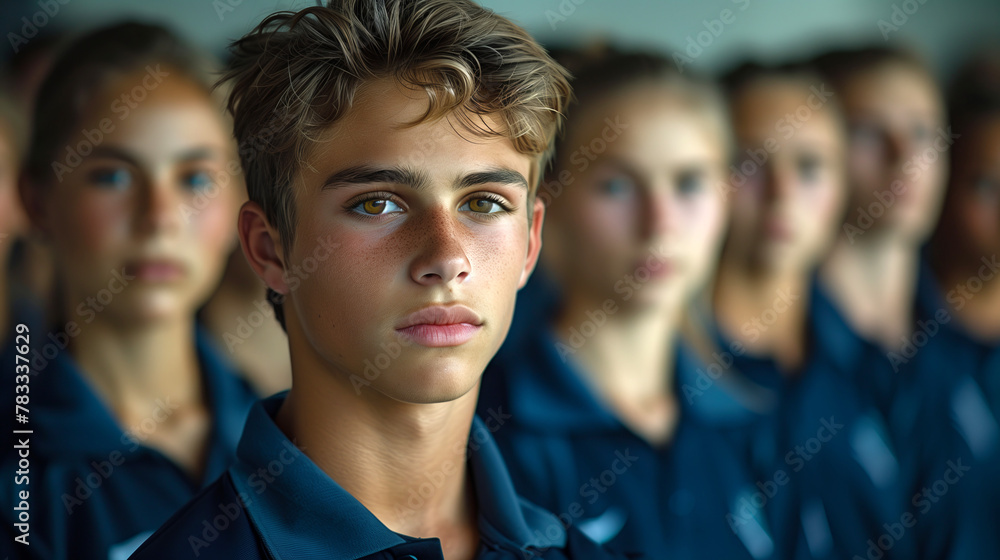 Young Leader with Determined Gaze Among Peers in Navy Uniforms, Youthful Ambition