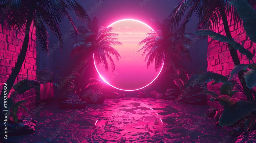 Illustration of a tropical background with sunset or dawn in neon light in retro style. Palm trees and the sun - obrazy, fototapety, plakaty 