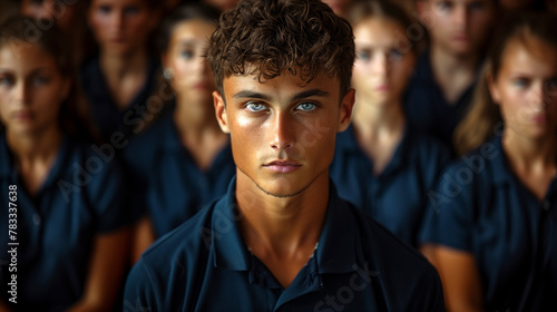 Captivating Young Man with Intense Gaze, Surrounded by Team in Navy Uniforms photo