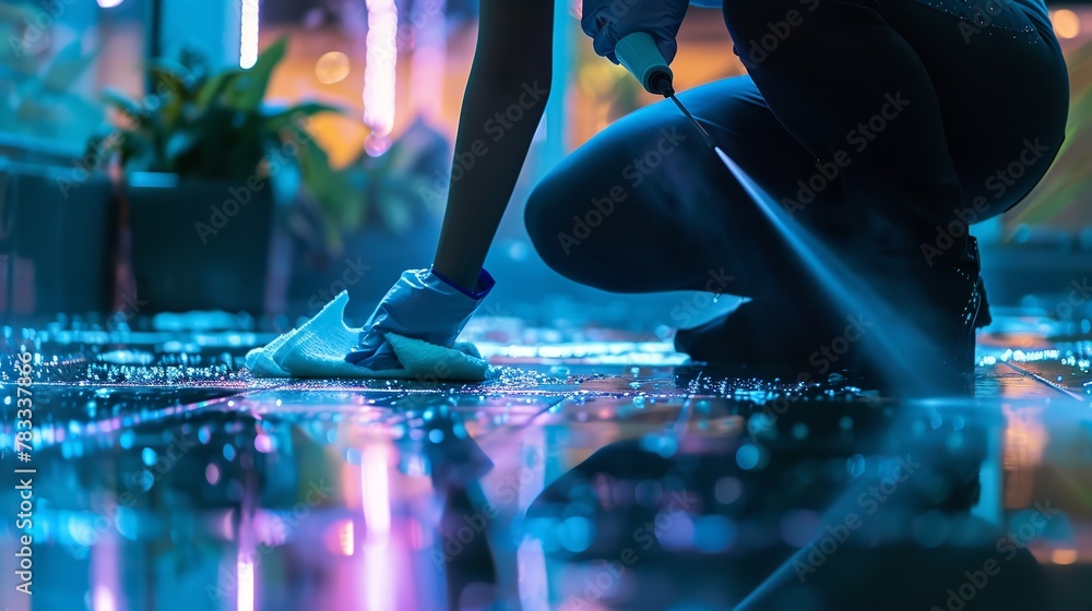 a cropped image of a woman cleaning the floor with a rag and spray while kneeling, Generative AI. a cropped image of a woman cleaning the floor with a rag and spray while kneeling, Generative AI.