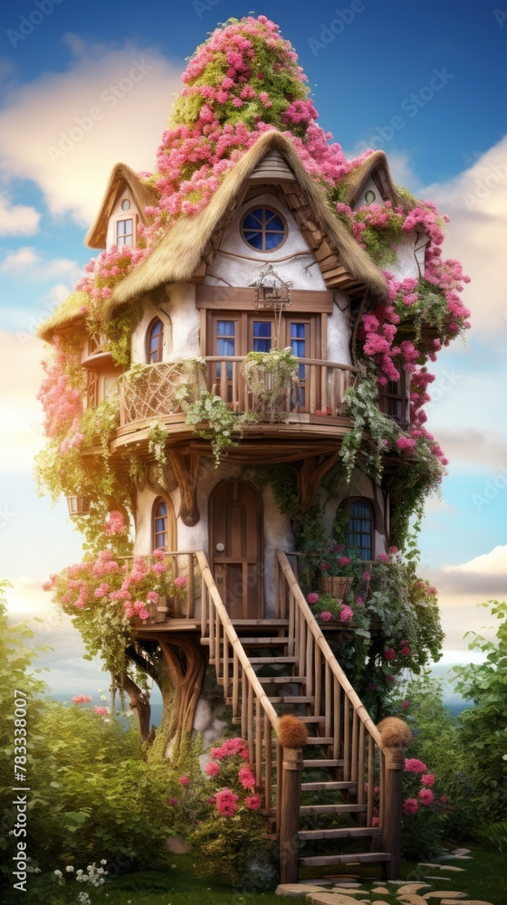 A whimsical treehouse sits atop a large tree, surrounded by blooming flowers. The house has a thatched roof and a winding staircase leading up to it. The sky is blue with fluffy clouds.