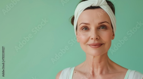 Mature woman exuding confidence in a casual headband and white tank top, with a soft teal backdrop enhancing her poised expression