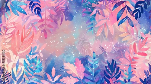 pastel punk botanical art pattern of spring plants, vintage painting, forest leaves, gouache painted illustrated pastel galaxy, watercolor, pastel colors, stars, unicorncore, sparklecore, cosmic