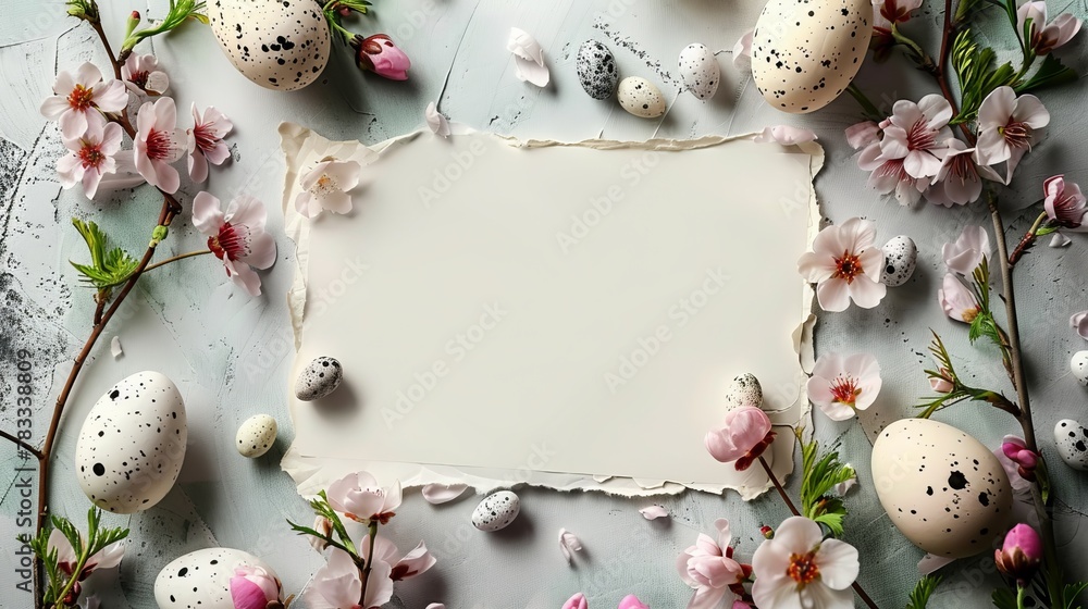Obraz premium Happy Easter concept. Simple spring Easter template, greeting card, banner. Top view with copy space