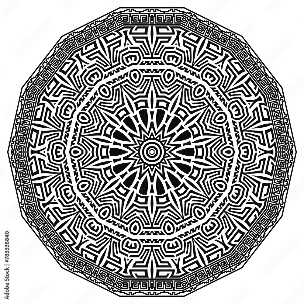 Black and white ornamental floral circle ethnic style mandala pattern with lines abstract flowers, meanders, frame. Isolated mandala vector pattern on white background. Beautiful decorative design