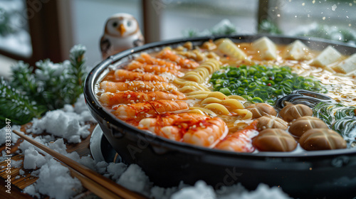 Top-down view of a realistic anime style nabe pot on a snow-covered wooden table Large black nabe pot, clear golden broth