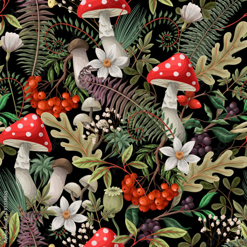 Seamless autumn pattern with mushrooms, fern and berries. Vector.