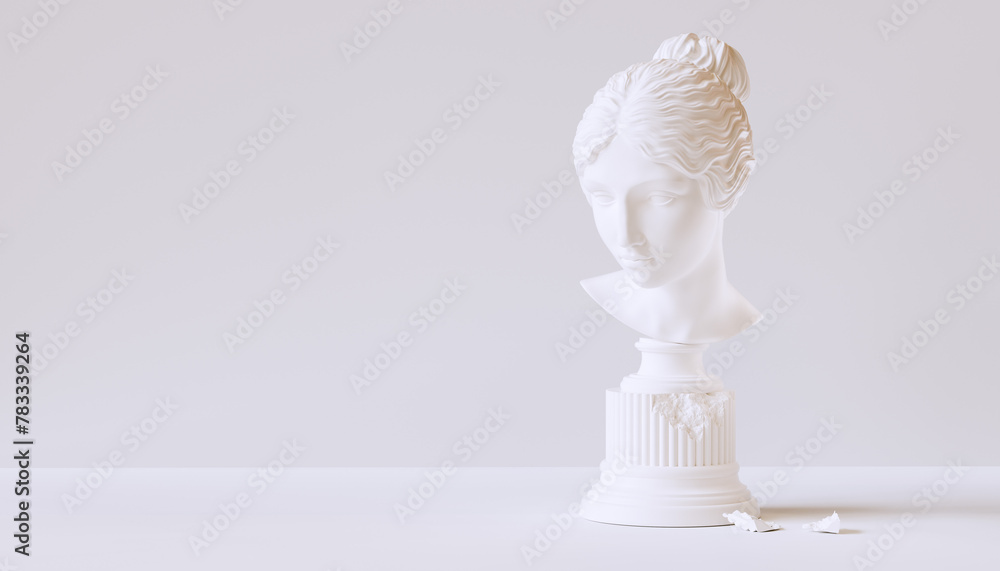bust of an ancient Greek statue and a destroyed column in a studio on a white background 3d rendering bust of an ancient Greek statue and a destroyed column in a studio on a white background 3d rendering